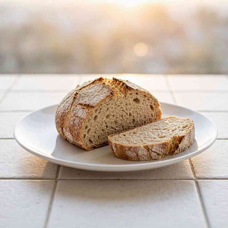 Sliced bread on a white plate on the windowsill.