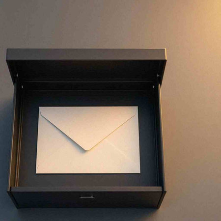 Envelope in a black box on a gray background. View from above.