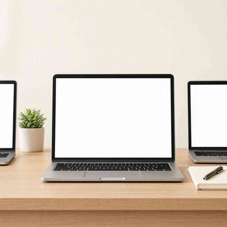 Laptop computer with blank screen on table in office room, stock photo