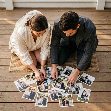 Couple in love sitting on the floor and looking at their photos