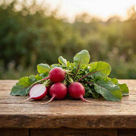 Bunch of fresh radishes with green leaves on rustic wooden table