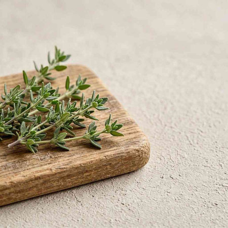 Fresh thyme on a wooden cutting board on a concrete background.