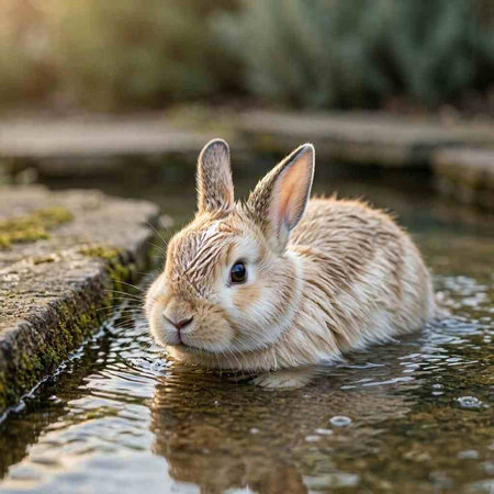 Rabbit in the water. Cute little rabbit in the water.