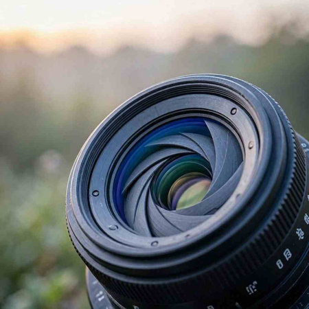 Camera lens on the background of the sunset. Close-up.