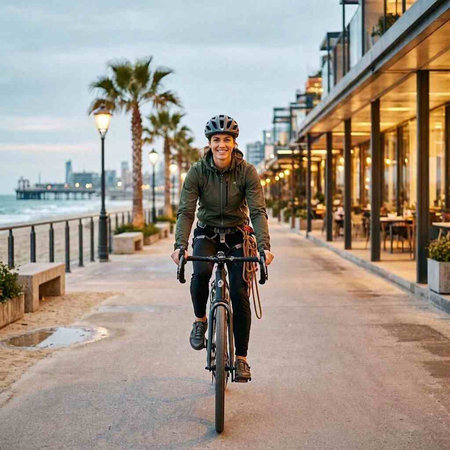 Cyclist on the promenade in Los Angeles, California