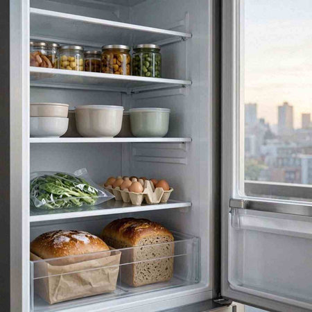 Open refrigerator with fresh bread, eggs and other food in it.