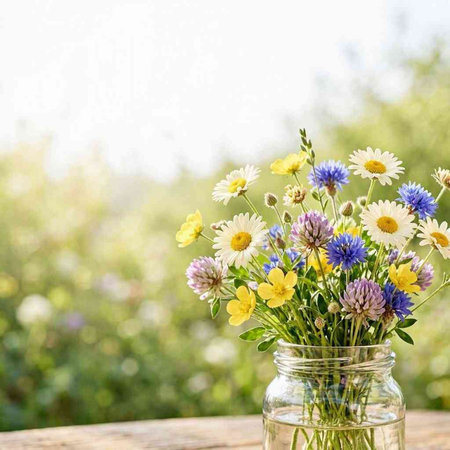 summer bouquet of wildflowers in a glass jar on a wooden table
