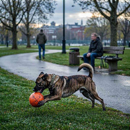 A dog playing with a ball in the park on a rainy day