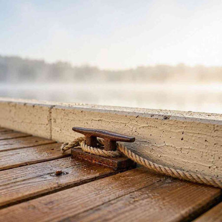 Rope on the pier in foggy morning. Selective focus.