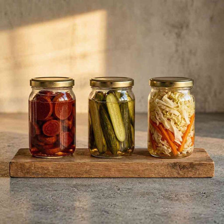 Three glass jars with pickled vegetables on a wooden board on a concrete background