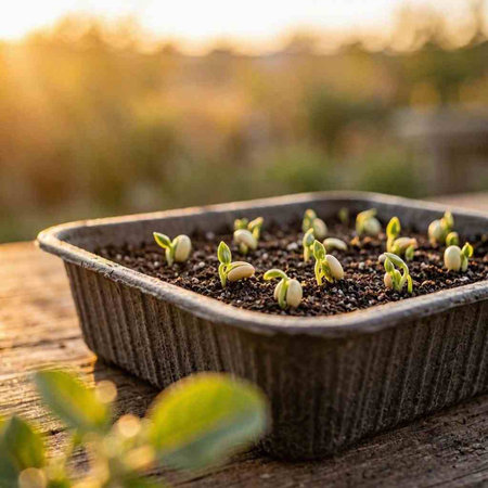 Small seedlings of cucumber in a pot on a wooden table.