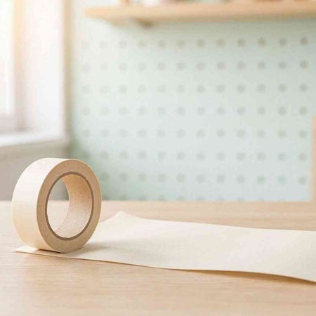 Roll of adhesive tape on a wooden table in the kitchen. Selective focus.