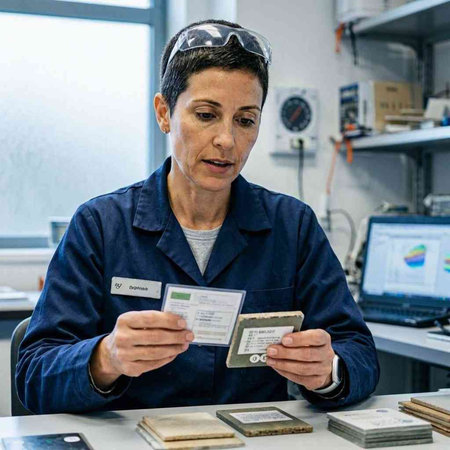 Female technician working in a factory, she is holding a credit card