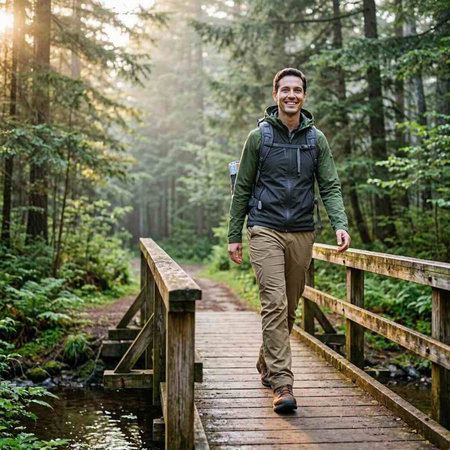 Hiker walking on wooden bridge in forest. Man with backpack hiking in nature.