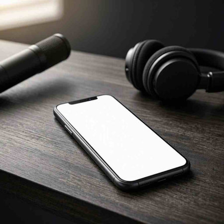 Smartphone with blank screen and headphones on wooden table. Mockup