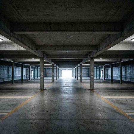 3d rendering of an empty parking lot with light coming from the end