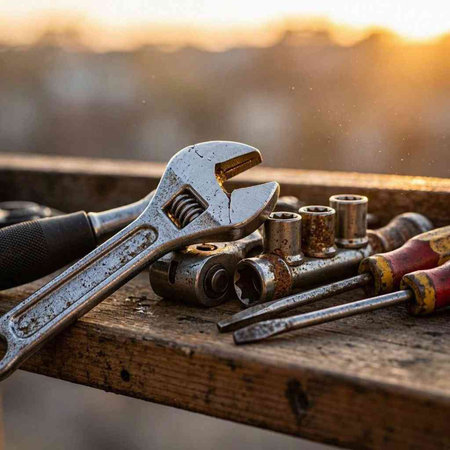A set of tools for work. Wrench, screwdriver, wrench, nut, bolt.