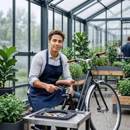 Portrait of handsome African-American male gardener with bicycle in greenhouse