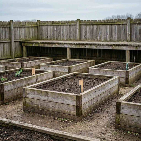 Abandoned allotment garden with wooden fence and garden tools.