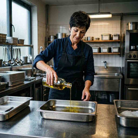 Mature woman in a restaurant kitchen, pouring olive oil from a bottle into a bowl.