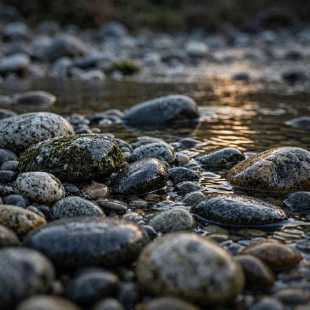 Pebbles in the water of a small river. Soft focus.