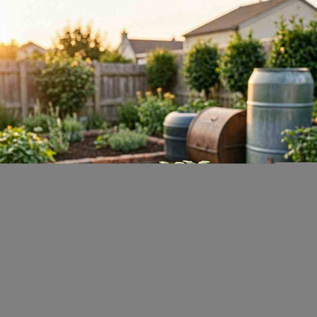 A vertical shot of a vegetable garden with a wooden barrel in the background