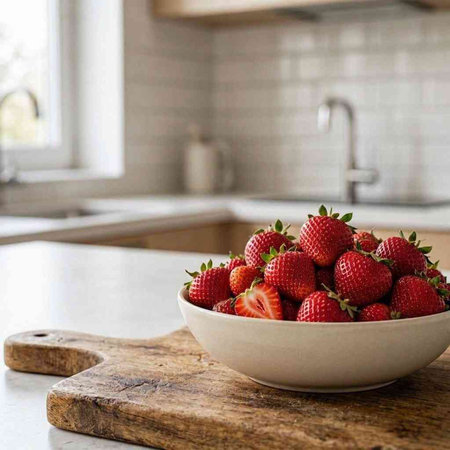 Strawberries in a bowl on a wooden board in the kitchen