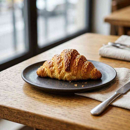 Croissant in a black plate on a wooden table in a cafe