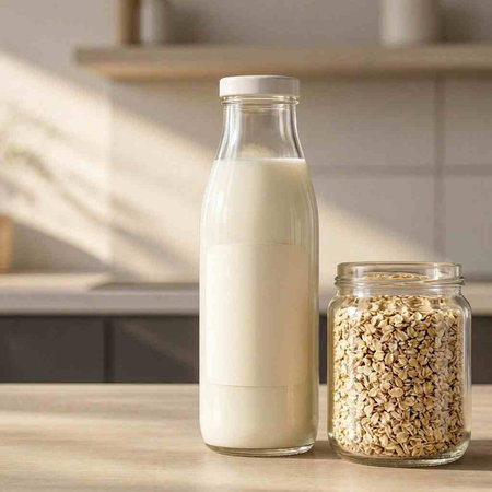 A bottle of milk and a glass jar with oatmeal on the table in the kitchen