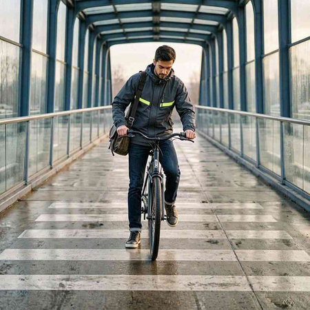 Cyclist in a black jacket riding a bicycle on a pedestrian bridge