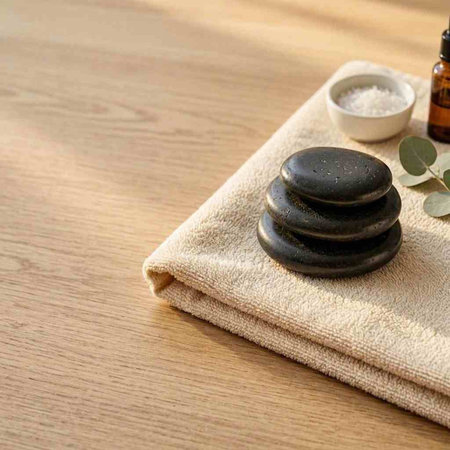 Spa still life with zen stones, sea salt, towel and eucalyptus on wooden background