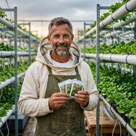 Senior male gardener holding seedlings of hydroponic plants in greenhouse