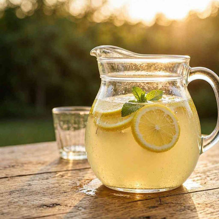 Refreshing lemonade in a jug on a wooden table.