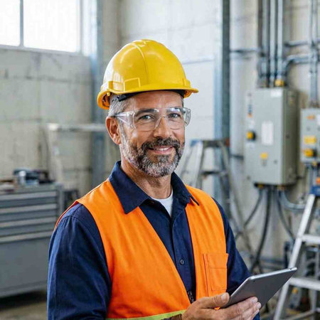 Portrait of confident mature man in safety helmet using digital tablet in factory