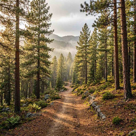 Trail in the pine forest in the mountains. Beautiful landscape.