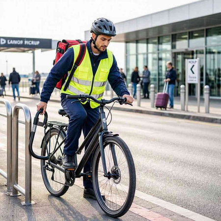 Portrait of a young male cyclist with bicycle in the city.