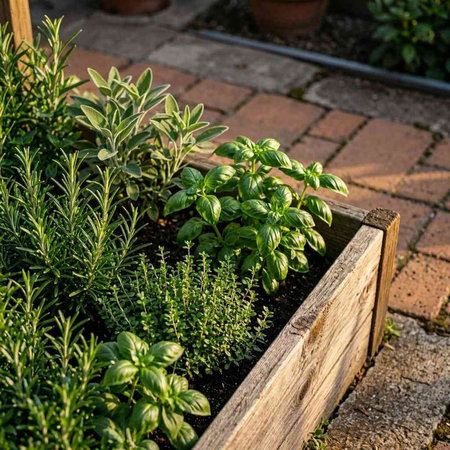 Fresh herbs in a wooden box in the garden. Gardening concept.