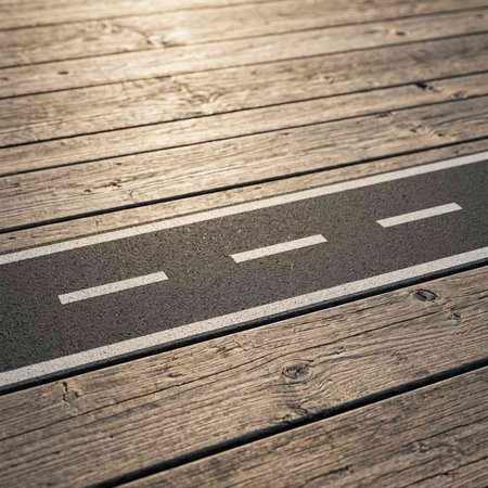 Asphalt road with white markings on the wooden floor. Abstract background