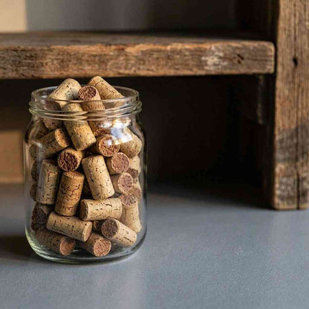 Wine corks in a glass jar on a wooden shelf.