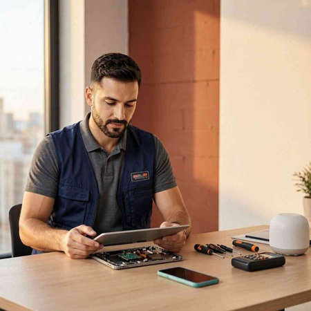 Technician using tablet computer at desk in office. Man working on computer.