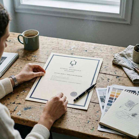 Woman working on a project at a table with a cup of coffee