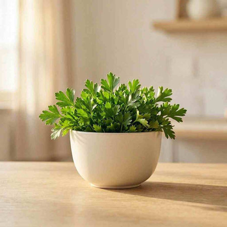 Parsley in a white pot on a wooden table in the kitchen
