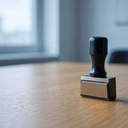 Rubber stamp on a wooden table, close-up, selective focus.