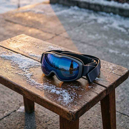 Sunglasses on a wooden bench in the snow. Winter.