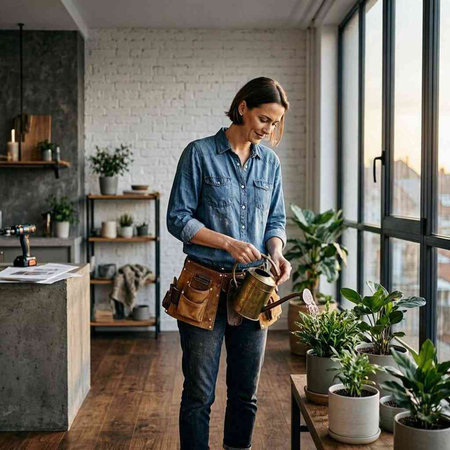 Young woman watering potted plants at home in the kitchen. Home gardening.