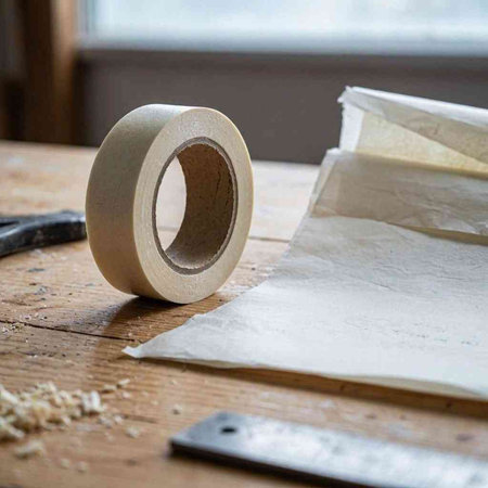 A roll of adhesive tape on a wooden table in a carpentry workshop