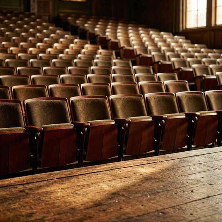 Rows of chairs in a row in an empty auditorium.