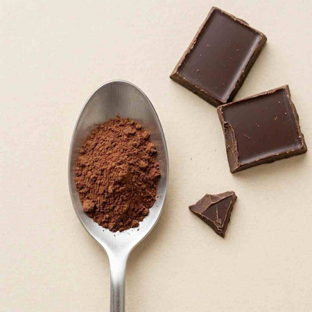 Cocoa powder in a spoon and pieces of chocolate on a light background
