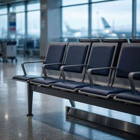Airport waiting area with rows of chairs and window in background.