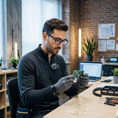 Young caucasian man in eyeglasses and black sweater working on a computer in a modern office